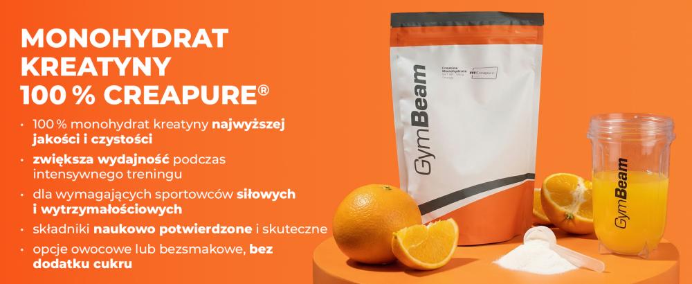 Grafika opisująca mikronizowany monohydrat kreatyny 100% Creapure GymBeam jako suplement w proszku przeznaczony do stosowania przed i po treningu w celu uzupełnienia kreatyny w codziennej suplementacji