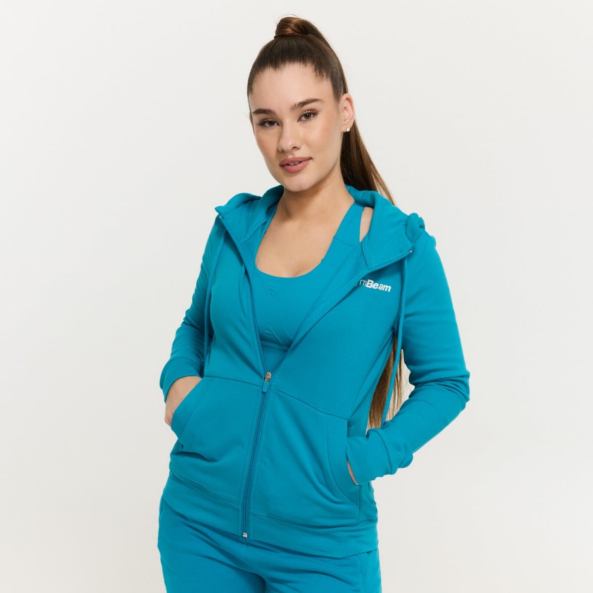 Damska bluza z kapturem Zip Up Limitless Aquamarine - GymBeam